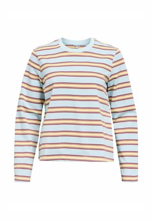 Chemise à manches longues avec col rond, rayures horizontales pastel bleu, jaune et bordeaux, présentée sur un fond blanc.