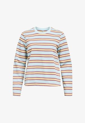 Koszulka z długim rękawem i okrągłym dekoltem w pastelowe, poziome paski w kolorach niebieskim, żółtym i bordowym, przedstawiona na białym tle.