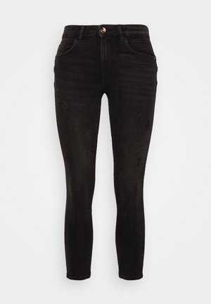 Zwarte skinny jeans van denim, met een hoge taille, verwerkte details aan de voorkant en een standaard knoop- en ritsclosure.