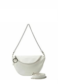 Witte lederen schoudertas met een afgeronde vorm, ritssluiting, zilveren kettingband en afneembare schouderriem. Gelaagde oppervlakdetails.