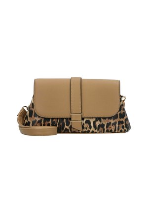 Borsa a tracolla in pelle color cuoio con dettagli in stampa leopardata, di forma rettangolare, chiusura a patta magnetica e tracolla staccabile per una maggiore versatilità.