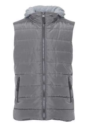 Chaleco acolchado gris con cierre frontal, dos bolsillos laterales con cremallera y capucha gris desmontable. La tela tiene una textura suave con costuras horizontales.