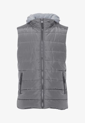 Grijze gewatteerde vest met een ritssluiting aan de voorkant, twee zijzakken met rits en een afneembare grijze capuchon. De stof heeft een gladde textuur met horizontale stiksels.