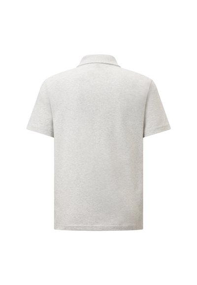 Graues kurzärmliges Poloshirt mit klassischem Kragen. Der Stoff wirkt weich, mit einer glatten Textur und einer einheitlichen, soliden Farbe.