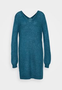 Abito lavorato a maglia di colore teal con scollatura a V, maniche lunghe a sbuffo e orlo a coste, caratterizzato da una texture morbida e una vestibilità comoda.