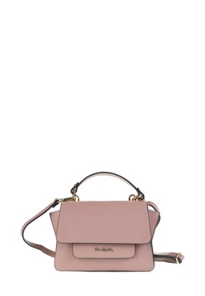 Rosa Leder-Handtasche mit strukturierter Form, Hardware in Goldoptik, Tragegriff und einem abnehmbaren Riemen. Verfügt über eine Klappe auf der Vorderseite und ein Logo-Detail.