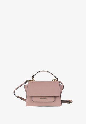 Borsa a mano in pelle rosa con forma strutturata, hardware color oro, manico superiore e tracolla rimovibile. Presenta una patta anteriore e dettagli del logo.