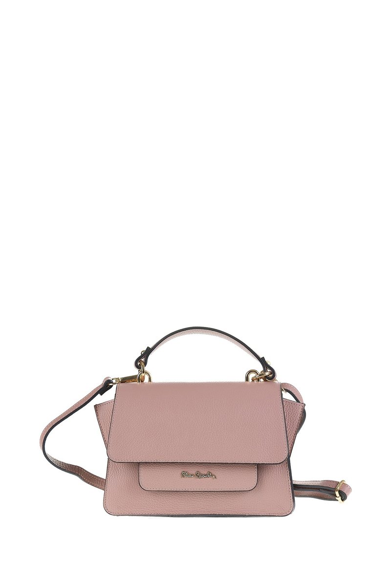 Borsa a mano in pelle rosa con forma strutturata, hardware color oro, manico superiore e tracolla rimovibile. Presenta una patta anteriore e dettagli del logo.