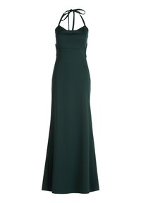 Maxikleid in Dunkelgrün, aus weichem Material gefertigt. Mit einem Neckholder und gebundenen Trägern. Glatte Textur, taillierte Passform und fließender Rock.