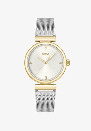 Montre-bracelet en or et argent avec bracelet en maille, cadran rond blanc, aiguilles dorées, index en cristal et logo "BOSS" à 12 heures.