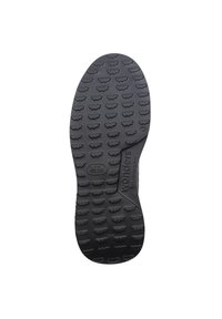 Suela de zapato negra de goma con un patrón de agarre texturizado; presenta un logo de marca y un diseño de banda de rodadura único para tracción.