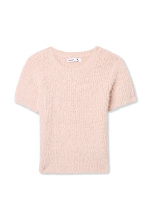 Maglione rosa a maniche corte, peloso, con scollatura rotonda e tessuto strutturato. Leggero, in maglia spessa senza motivi o accessori.