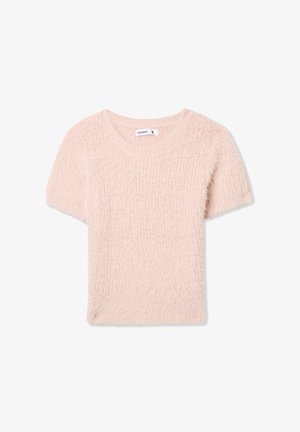 Maglione rosa a maniche corte, peloso, con scollatura rotonda e tessuto strutturato. Leggero, in maglia spessa senza motivi o accessori.