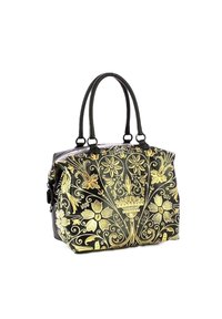 Borsa nera con intricati motivi floreali dorati, forma strutturata, doppi manici superiori e chiusura con zip. Materiale testurizzato, tocchi eleganti.