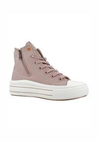 Zapatillas altas de lona en rosa claro con suela de goma blanca, que cuentan con un cierre lateral, cordones y rayas horizontales en la suela.