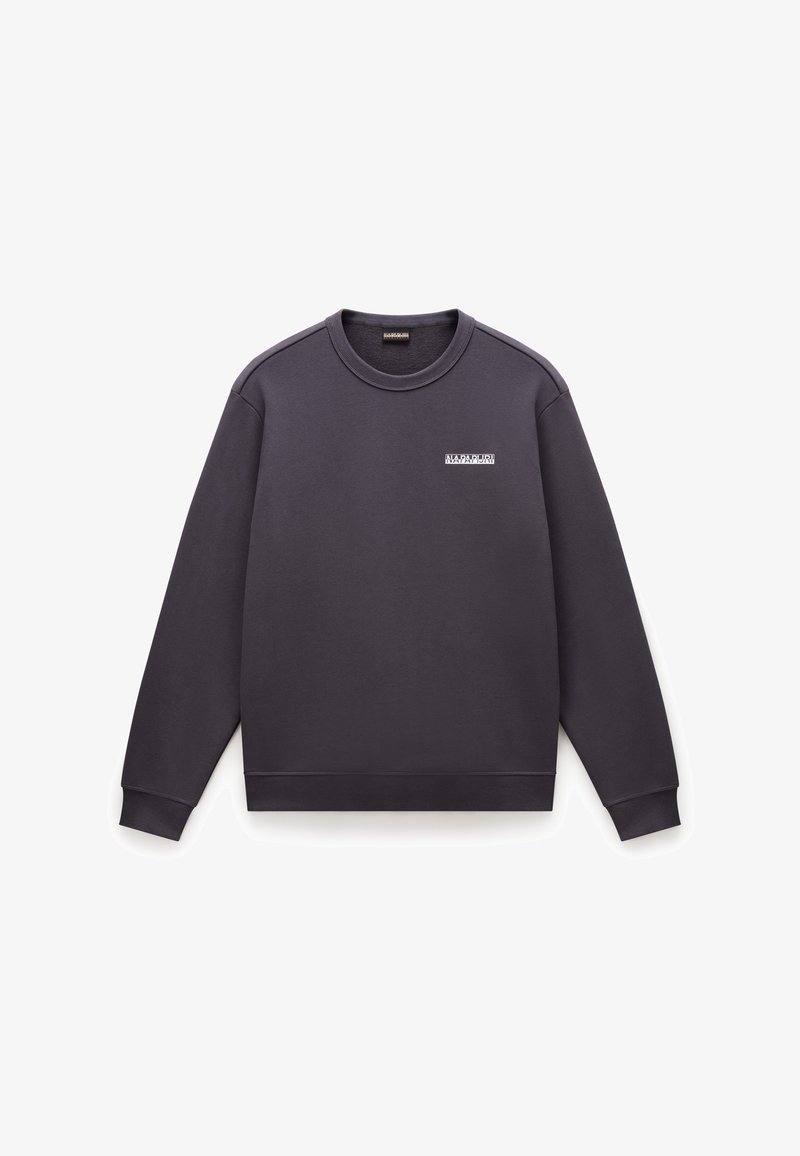 Sweat-shirt gris foncé à col rond, manches longues avec petit logo blanc « Napapijri » sur la poitrine gauche, sur fond blanc.