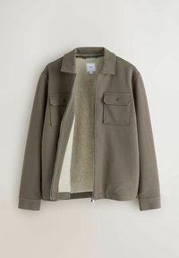 Khaki zip-up jacket with two chest pockets, soft cream lining, and a textured exterior, featuring a collared neckline and ribbed cuffs.