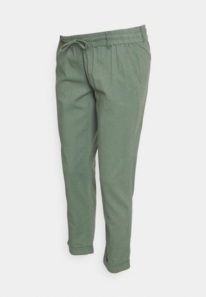 Green casual tapered pants with elastic waistband and adjustable drawstring, featuring cuffed hems and side pockets.
