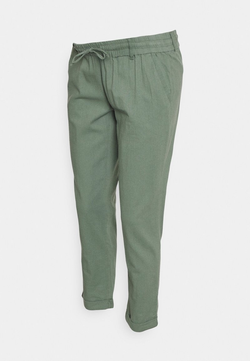 Pantalon décontracté vert, fuselé, avec taille élastique et cordon de serrage ajustable, doté d'ourlets retroussés et de poches latérales.