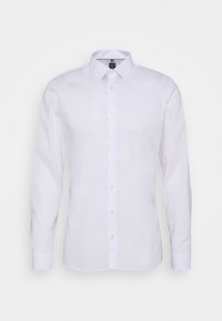Witte lange mouwen button-up shirt met een klassieke kraag, voorzien van een gladde textuur en duidelijke contraststiksels langs de voorkant.