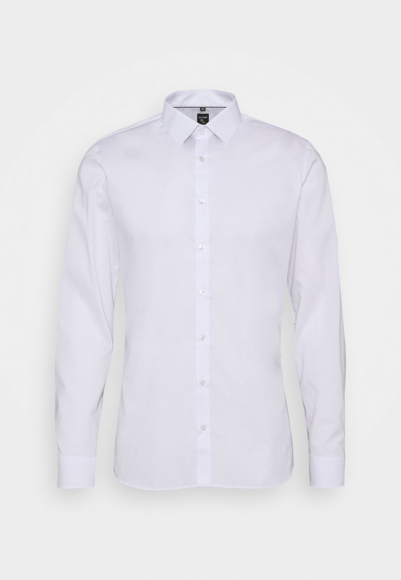 Weißes, langärmliges Hemd mit Knopfleiste und klassischem Kragen, aus glattem Stoff mit klaren Kontrastnähten entlang der Vorderleiste.