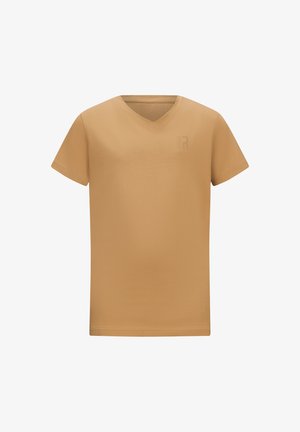 Katoenen T-shirt met V-hals in een gedempte tan kleur met korte mouwen. Bevat een subtiele geprinte logo op de borst. Zachte, gladde textuur.