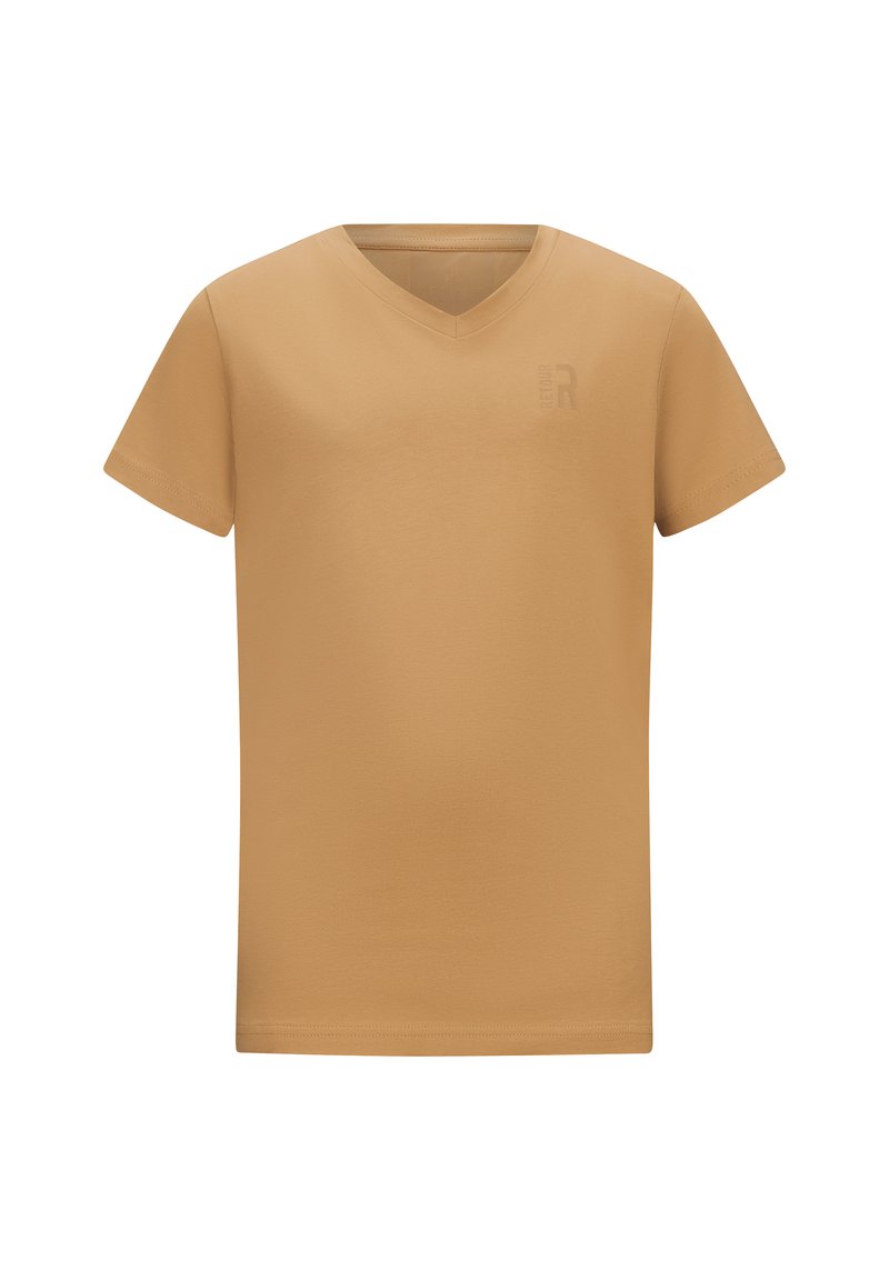 T-shirt in cotone a V in un color beige tenue con maniche corte. Presenta un logo stampato sottile sul petto. Tessuto morbido e liscio.