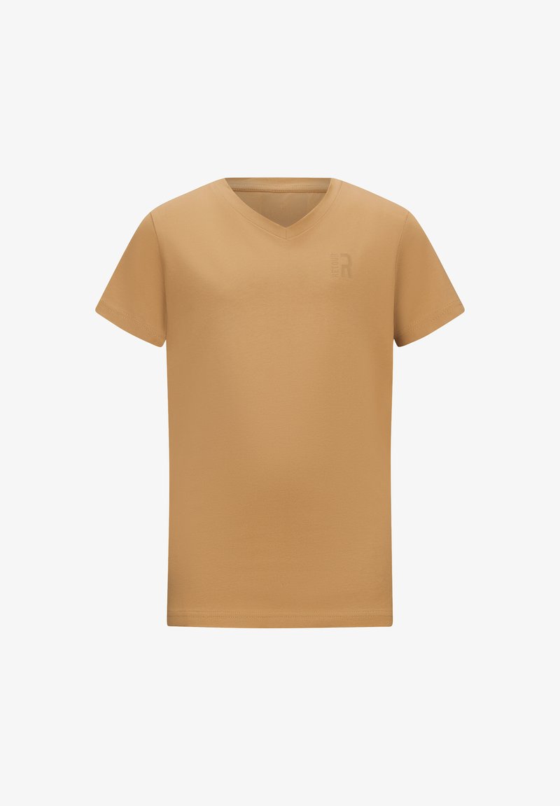 T-shirt in cotone a V in un color beige tenue con maniche corte. Presenta un logo stampato sottile sul petto. Tessuto morbido e liscio.