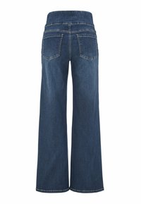 Donkerblauwe denim wijdlopende jeans met hoge elastische tailleband en twee achterzakken, weergegeven vanuit de achterkant op een witte achtergrond.