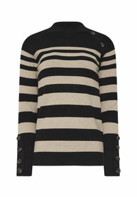 Gestreifter Pullover in Schwarz und Beige, mit einem hohen Kragen und Knopfakzenten an den Ärmeln. Aus weichem Strickmaterial gefertigt.
