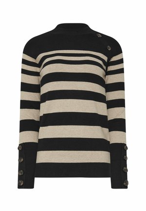 Pull rayé noir et beige, doté d'un col montant et d'accents de boutons sur les manches. Fabriqué en matière tricot douce.