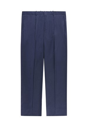 Pantalones formales azul oscuro con trabillas para cinturón, bolsillos laterales y cremallera frontal, mostrados extendidos sobre un fondo blanco.