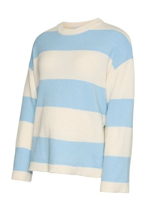 Maglione a maglia a maniche lunghe con ampie righe orizzontali in azzurro chiaro e bianco sporco, dotato di scollo rotondo e polsini e orlo a coste.