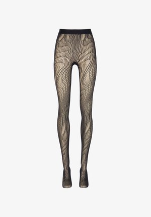 Svarta nätstrumpbyxor med vågmönster, hög midja och öppen tå, tillverkade av ett stretchigt, texturerat material.