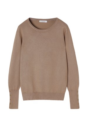 Beige hosszú ujjú pulóver kerek nyakkivágással és gombos részletekkel a mandzsettán, fehér háttéren bemutatva.