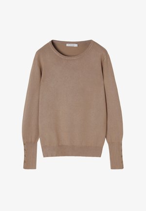 Beige long-sleeve sweater with round neckline and button details on cuffs, displayed on white background.