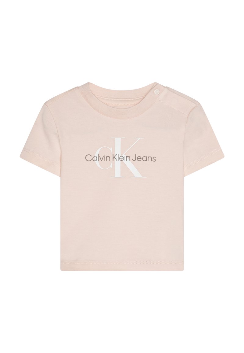 Light pink short-sleeve baby t-shirt with Calvin Klein Jeans logo and snap button detail on left shoulder.