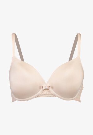 Beige muovattu kupillinen rintaliivi, jossa on säädettävät hihnat ja pitsiyksityiskohtia vyötäröllä. Ominaisuuksiin kuuluu satiinipinta ja koristeellinen etu-klipsi.