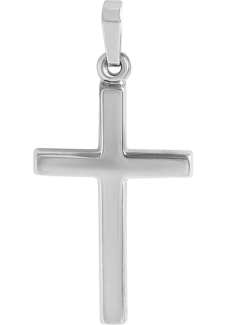 Pendente a croce in argento con finitura lucida, caratterizzato da un design semplice e classico. Include un anello per il fissaggio.