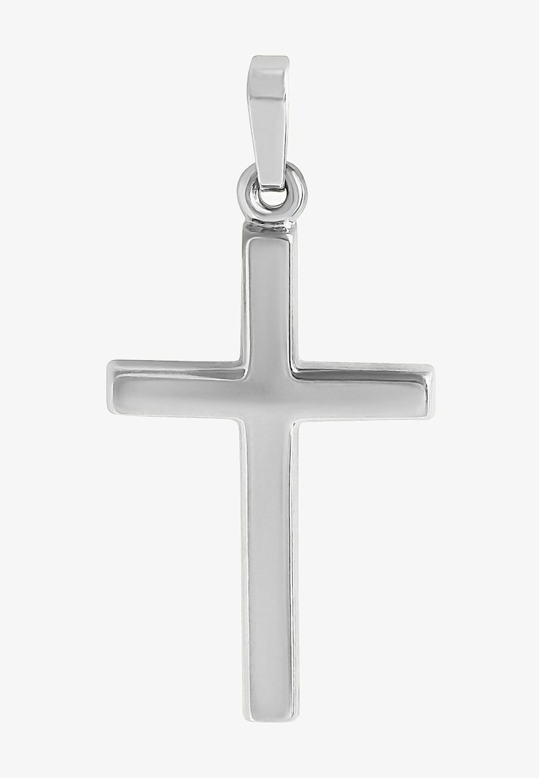 Pendente a croce in argento con finitura lucida, caratterizzato da un design semplice e classico. Include un anello per il fissaggio.