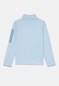 Maglia azzurra chiara a maniche lunghe con un motivo a nido d'ape testurizzato, dotata di un colletto alto e una toppa a contrasto sulla manica sinistra.