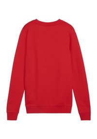 Felpa rossa con maniche lunghe, scollatura rotonda, polsini e orlo a costine, realizzata in un tessuto morbido con una texture liscia, semplice e senza fantasie.