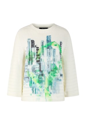 White knit sweater with 3/4 sleeves featuring a printed design of a city skyline in blue and green tones on the front.