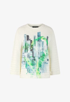 White knit sweater with 3/4 sleeves featuring a printed design of a city skyline in blue and green tones on the front.