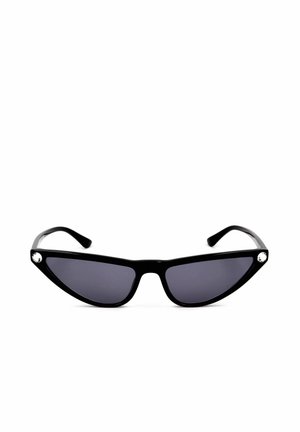 Occhiali da sole neri a forma di occhio di gatto con lenti scure e piccoli accenti rotondi d'argento negli angoli superiori esterni della montatura.