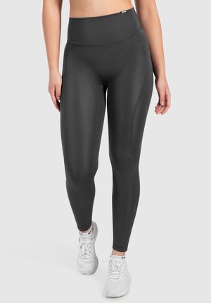 Højtaljede, tætsiddende sorte leggings med en glat tekstur og sidelommer. Velegnet til sportstøj og en aktiv livsstil.