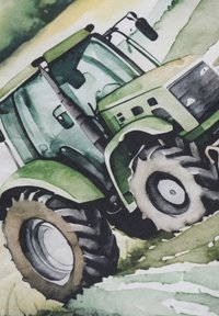 Groene tractor met grote, robuuste banden, voorzien van een boxy ontwerp, glazen ramen en donkere accenten, tegen een zachte, abstracte achtergrond.