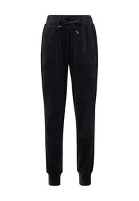Zwarte velours joggingsbroek met een elastische tailleband met een trekkoord, zijzakken en taps toelopende boorden. Zachte textuur en comfortabele pasvorm.
