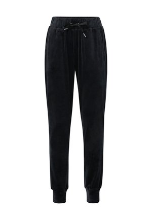 Zwarte velours joggingsbroek met een elastische tailleband met een trekkoord, zijzakken en taps toelopende boorden. Zachte textuur en comfortabele pasvorm.