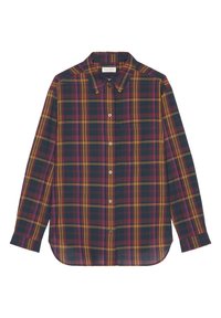 Camicia con bottoni caratterizzata da un motivo a quadri scuri con tonalità di bordeaux, giallo e verde. Maniche lunghe con orlo arrotondato e una tasca sul petto.